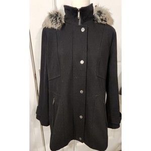 NEW London‎ Fog Wool Faux-Fur-Trim Hooded Walker Coat Womens Size XL Extra Large